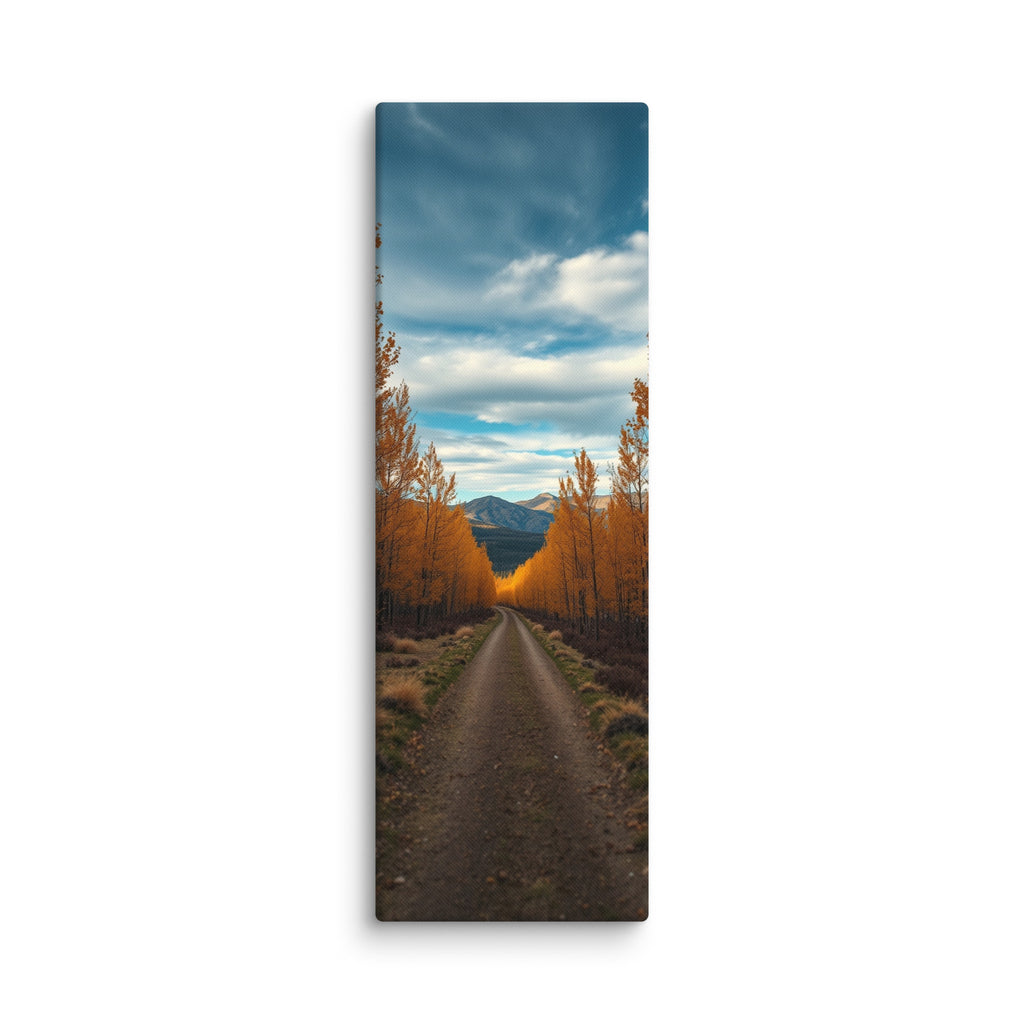 The Quiet Miles, tall wrapped canvas print: a straight road through a tunnel of golden autumn trees toward distant mountains.