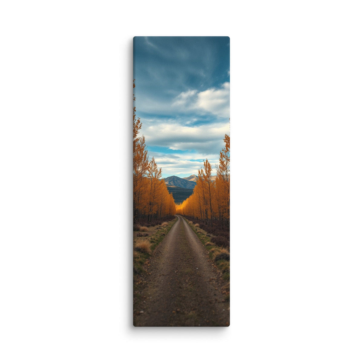 The Quiet Miles, tall wrapped canvas print: a straight road through a tunnel of golden autumn trees toward distant mountains.
