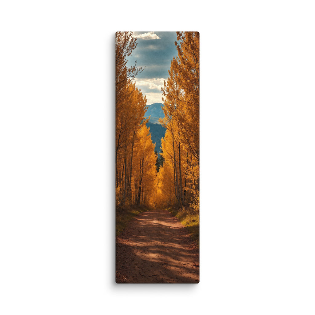 A Canopy Of October, tall wrapped canvas print: a dirt path through a tunnel of golden autumn trees toward distant mountains.