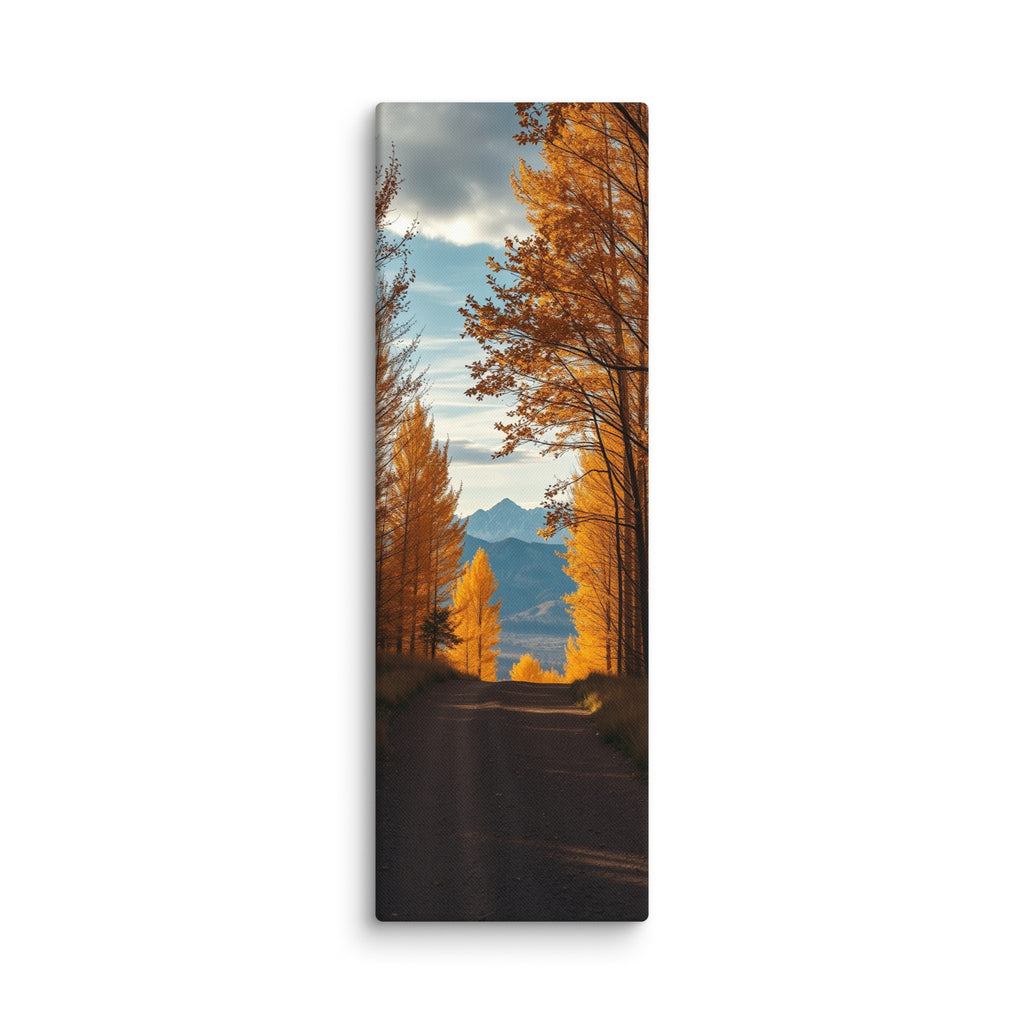 Where The Forest Opens, tall wrapped canvas print: a road between tall golden trees opening onto a distant blue mountain view.