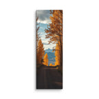Where The Forest Opens, tall wrapped canvas print: a road between tall golden trees opening onto a distant blue mountain view.