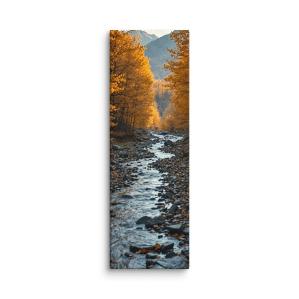 Silver Under Amber, tall wrapped canvas print: a silvery stream flowing between golden autumn trees over dark pebbles.