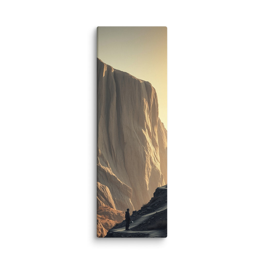 The Glowing Wall, tall wrapped canvas print: a lone figure on a dark ridge before a vast cliff wall glowing amber at sunset.