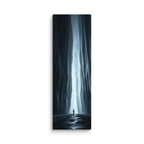 A Blade Of Light, tall wrapped canvas print: a vertical shaft of icy light cutting through a dark slot canyon with a lone figure.