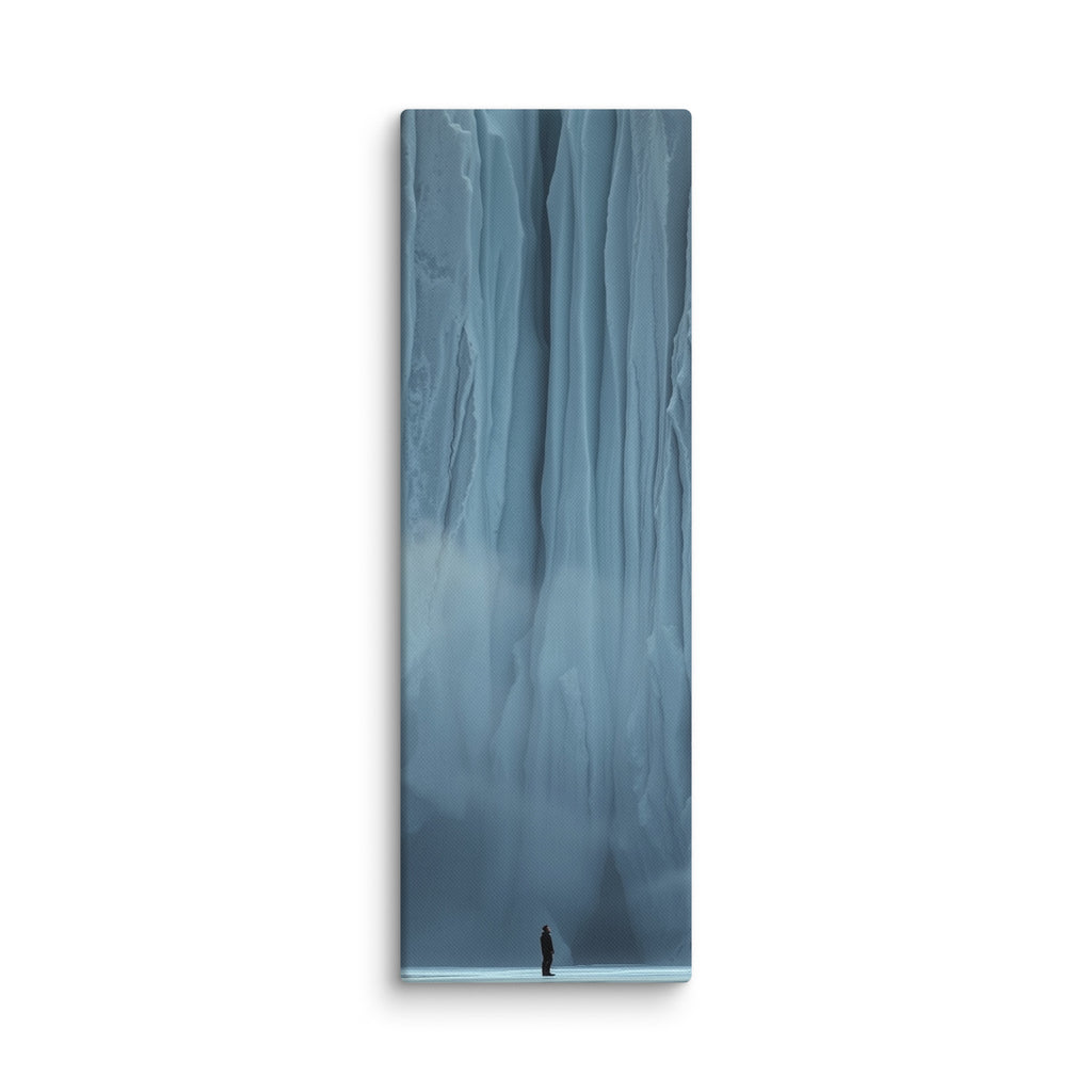 Blue Citadel, tall wrapped canvas print: a lone figure before an immense wall of pale blue ice columns rising into mist.
