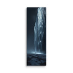 Cathedral Of Ice, tall wrapped canvas print: a lone figure on a frozen plain beside a towering wall of glowing blue ice.
