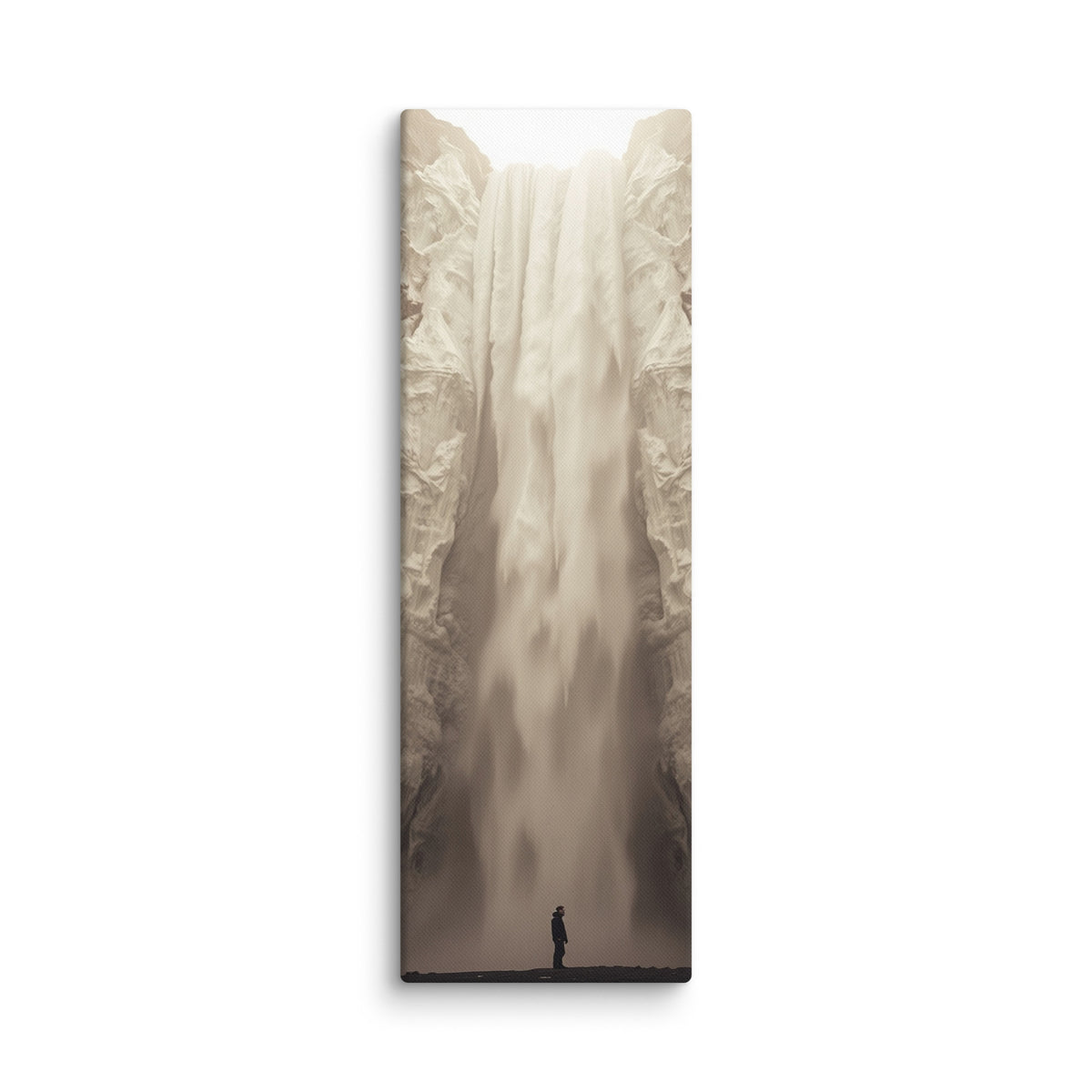 Ivory Descent, tall wrapped canvas print: a lone figure before a tall ivory-white frozen waterfall in a sepia-toned canyon.