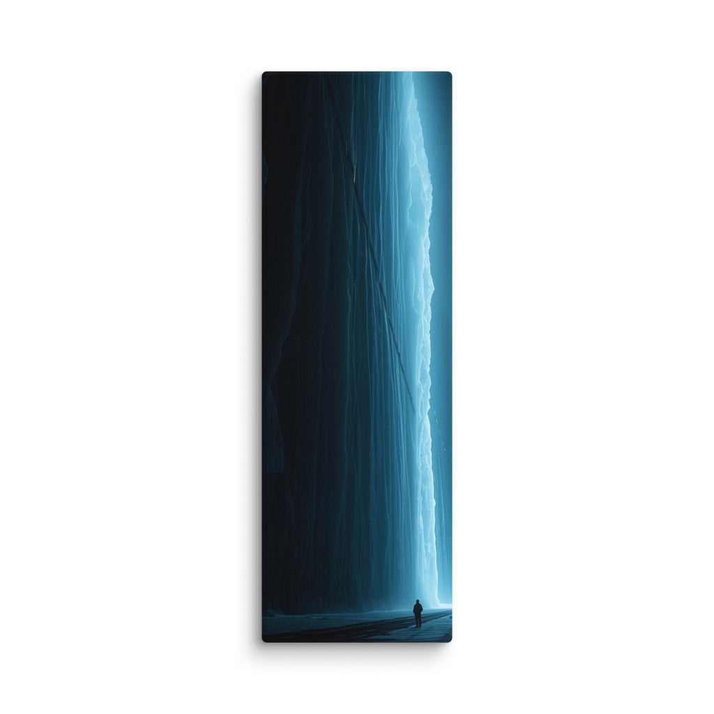 The Blue Vein, tall wrapped canvas print: an electric-blue frozen waterfall glowing in darkness with a lone silhouetted figure.