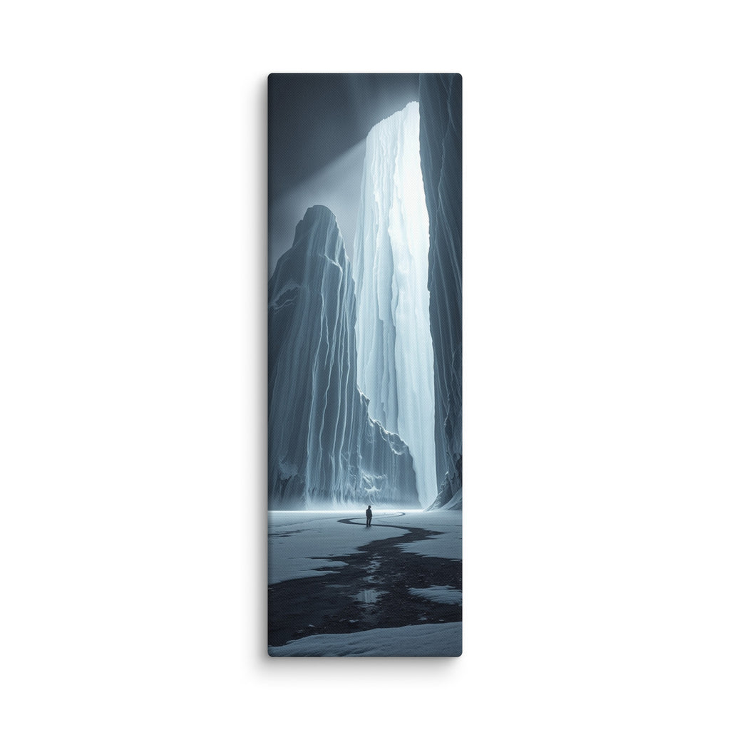 The Shining Fall, tall wrapped canvas print: a glowing frozen waterfall pouring light between dark ice cliffs above a lone figure.
