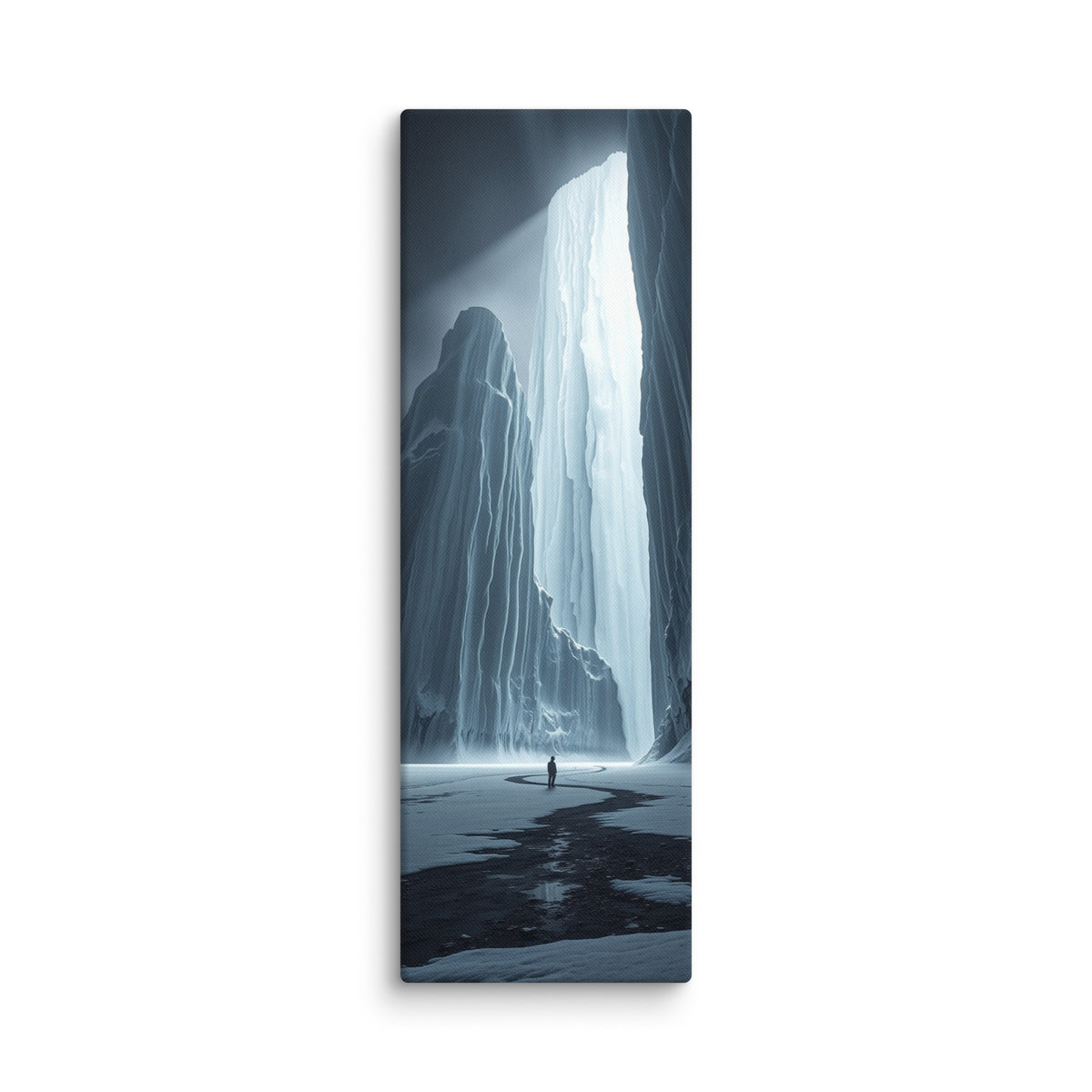 The Shining Fall, tall wrapped canvas print: a glowing frozen waterfall pouring light between dark ice cliffs above a lone figure.