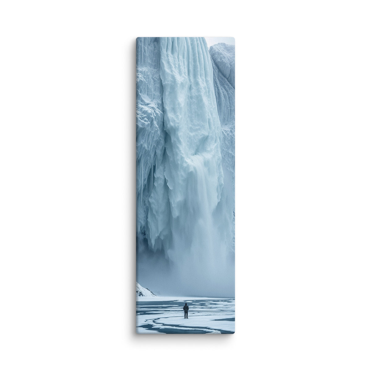 Water Held In Time, tall wrapped canvas print: a lone figure on a frozen river before a massive blue icefall with dark open water.