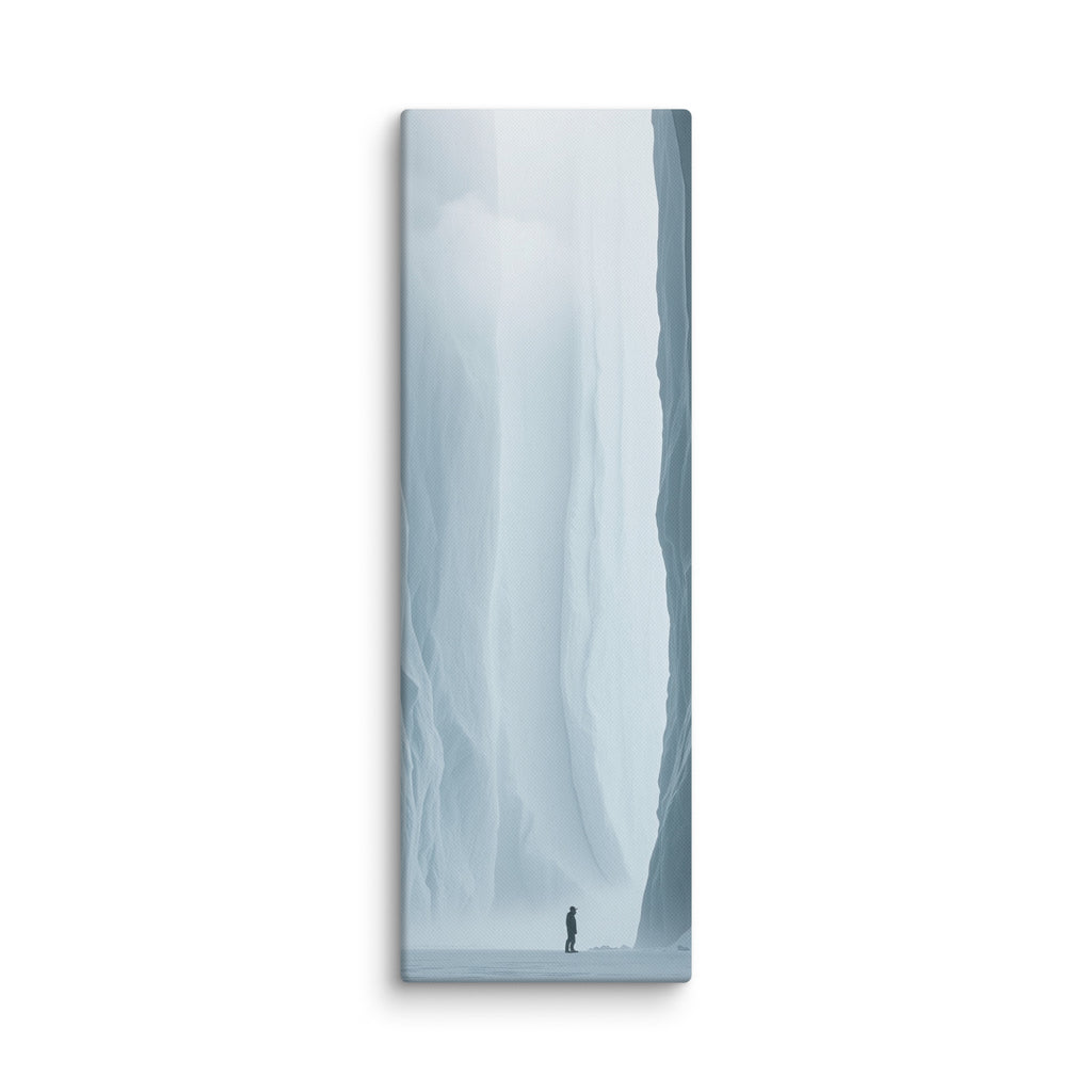 Where Forms Dissolve, tall wrapped canvas print: a lone figure in a bright white ice passage dissolving into light.