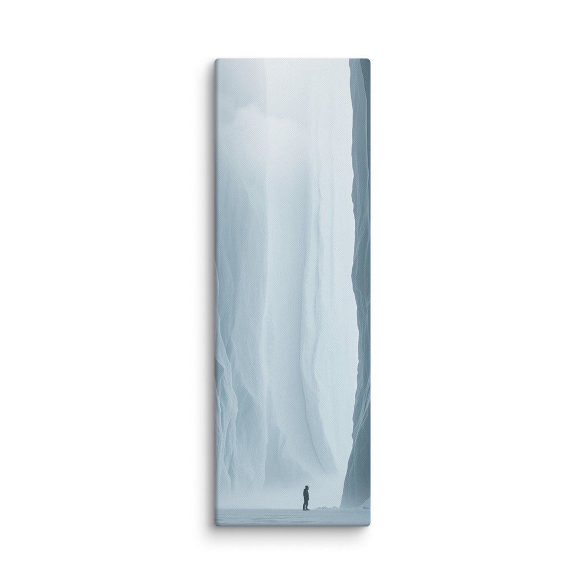 Where Forms Dissolve, tall wrapped canvas print: a lone figure in a bright white ice passage dissolving into light.