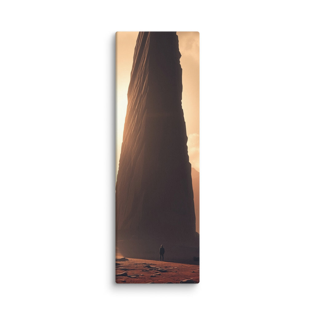 Before The First Light, tall wrapped canvas print: a lone figure before a colossal dark monolith with golden dawn light behind it.