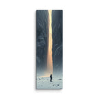 The Dawn Slot, tall wrapped canvas print: a lone figure on a snowy plain before a narrow slot of glowing ice between dark rock walls.