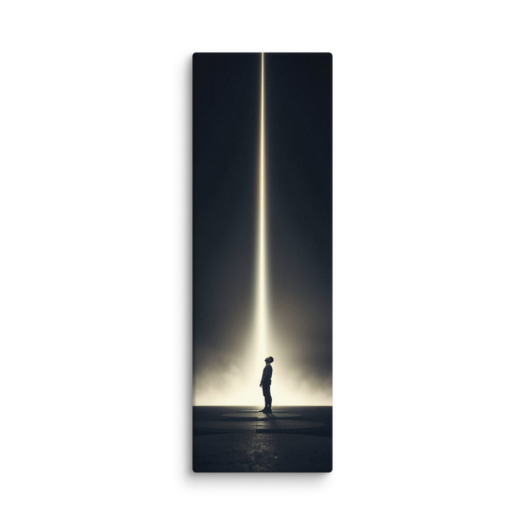 The Descending Light, tall wrapped canvas print: a lone figure looking up at a single vertical beam of golden light in darkness.