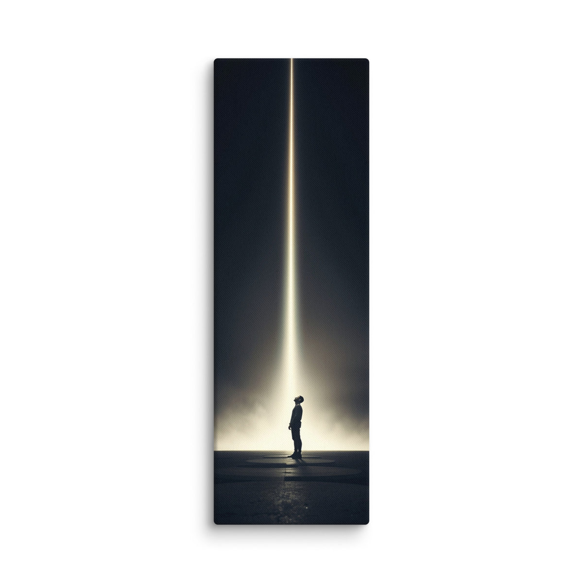 The Descending Light, tall wrapped canvas print: a lone figure looking up at a single vertical beam of golden light in darkness.