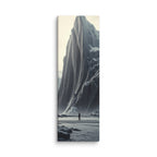 The Obsidian Spire, tall wrapped canvas print: a lone figure before a colossal dark striated mountain spire veined with ice.