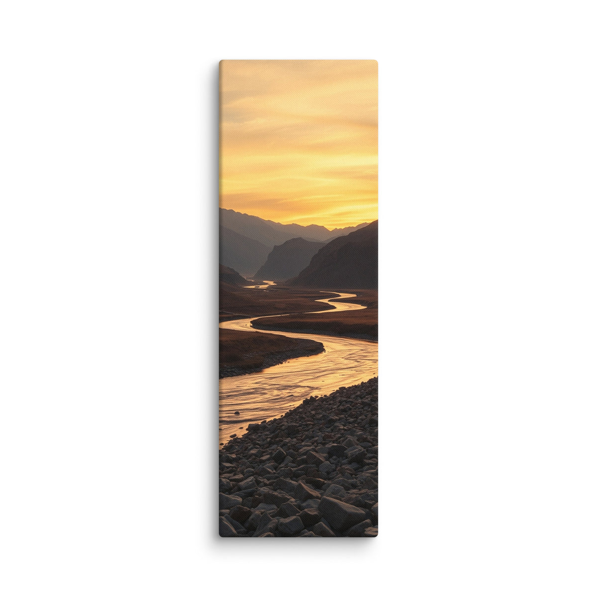The River Remembers, tall wrapped canvas print: a golden river winding through a broad valley at sunset beneath hazy mountains.