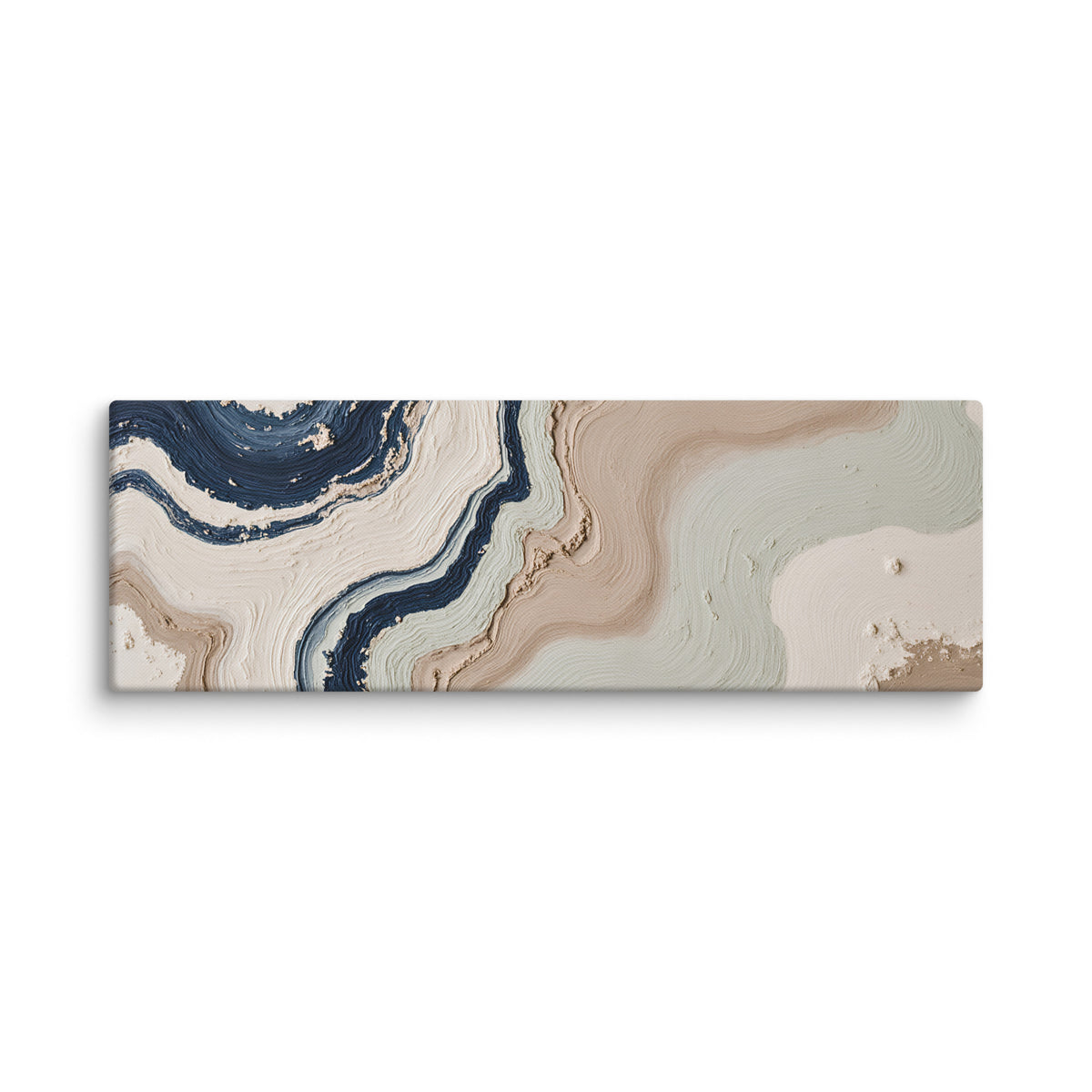 Striata canvas artwork with rhythmic bands of mineral color and sediment-like layers, shown on white.