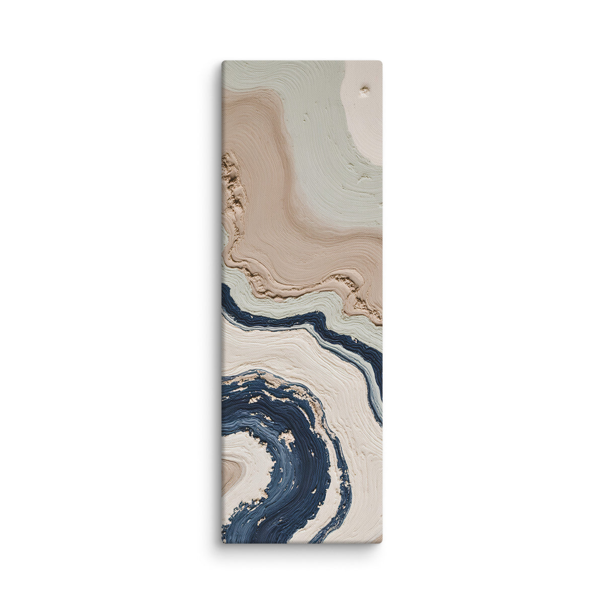 Striata shard canvas artwork with rhythmic bands of mineral color and sediment-like layers, shown on white.