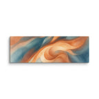 Stria Confluence panoramic abstract canvas art featuring flowing convergent waves of warm ochre, cream, and deep slate blue, shown on white.