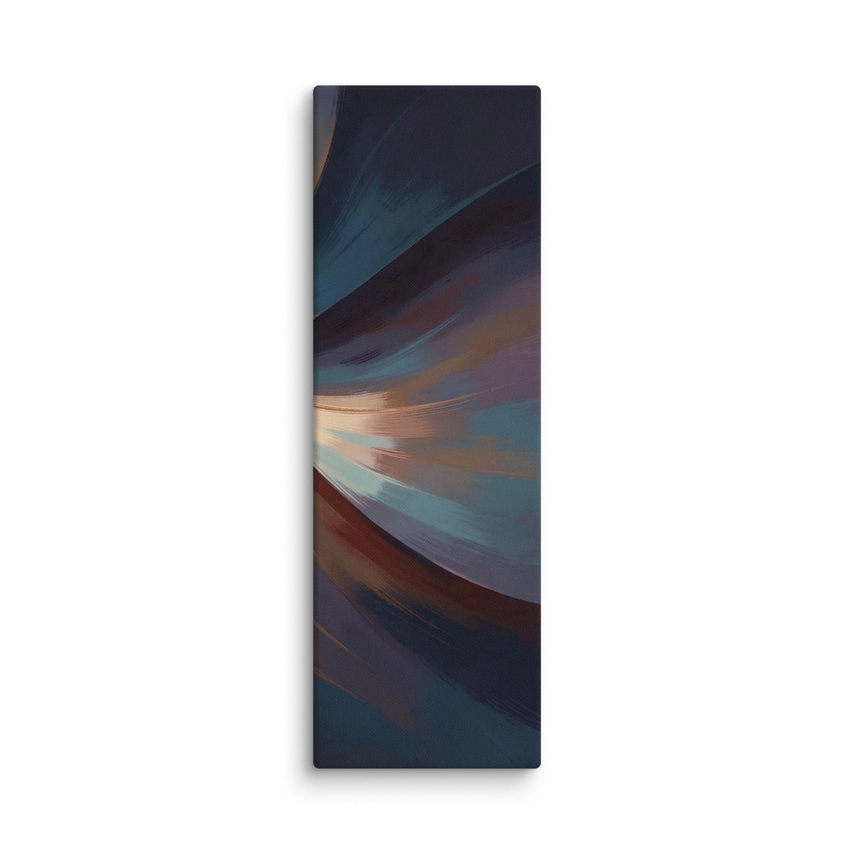 Stria Drift tall vertical canvas wall art with cascading ribbons of ochre, copper, and charcoal, shown on white.