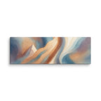 Stria Eddy wide panoramic abstract canvas featuring curling eddies of ochre, soft cream, and slate teal, shown on white.