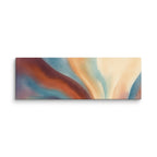 Stria Estuary wide panoramic canvas print showing layered horizontal mineral bands of copper, warm sand, and charcoal, shown on white.