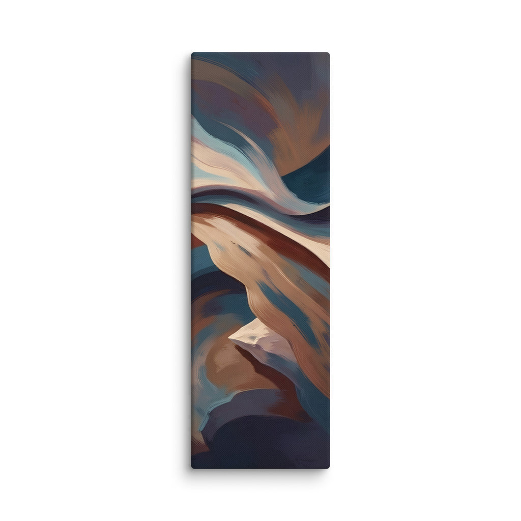Stria Fulcrum vertical abstract canvas print featuring cantilevered mineral bands in ochre, cream, and carbon slate, shown on white.
