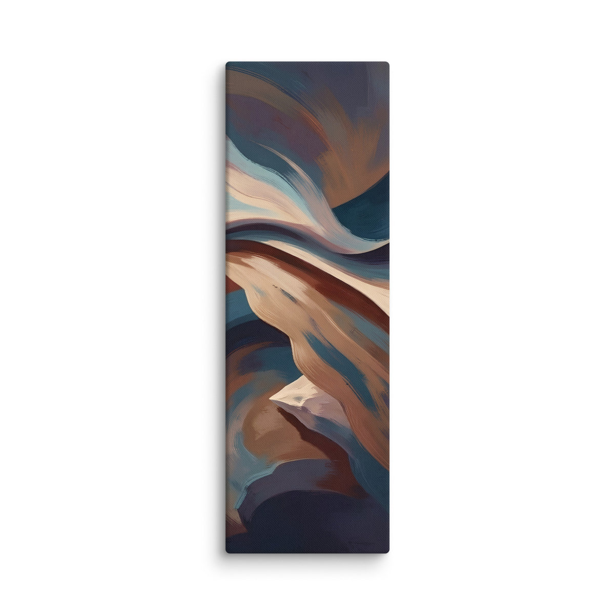 Stria Fulcrum vertical abstract canvas print featuring cantilevered mineral bands in ochre, cream, and carbon slate, shown on white.