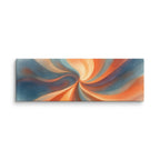 Stria Gyre wide horizontal canvas featuring a radiant center with sweeping arms of copper, cream, and deep blue, shown on white.