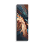 Stria Keel vertical canvas art with a defined curving central spine of copper ochre and deep slate shadows, shown on white.