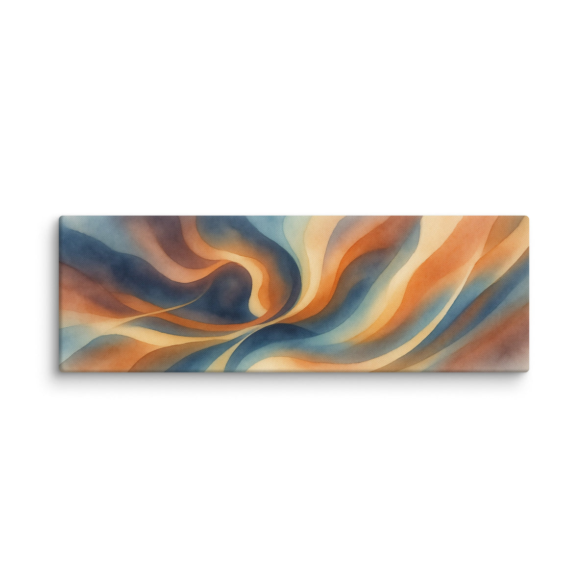 Stria Meander horizontal panoramic canvas art with winding curves of warm amber, soft bone, and smoky slate, shown on white.