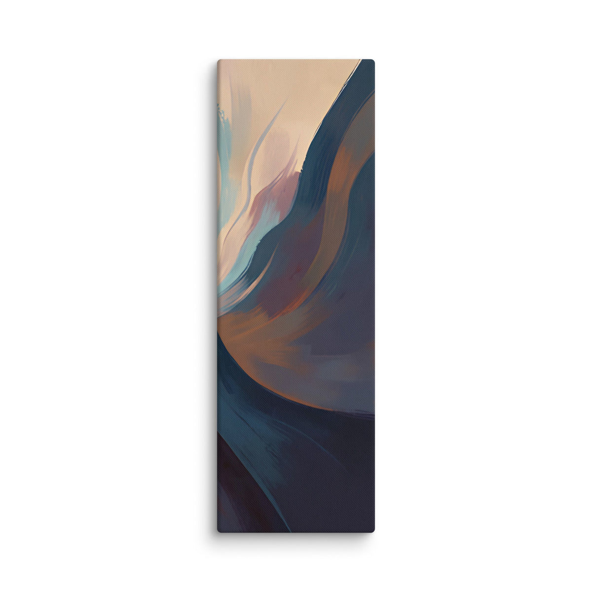 Stria Splay tall vertical canvas artwork showing delicate fanned ribbons of slate, copper, and cream opening toward the top, shown on white.