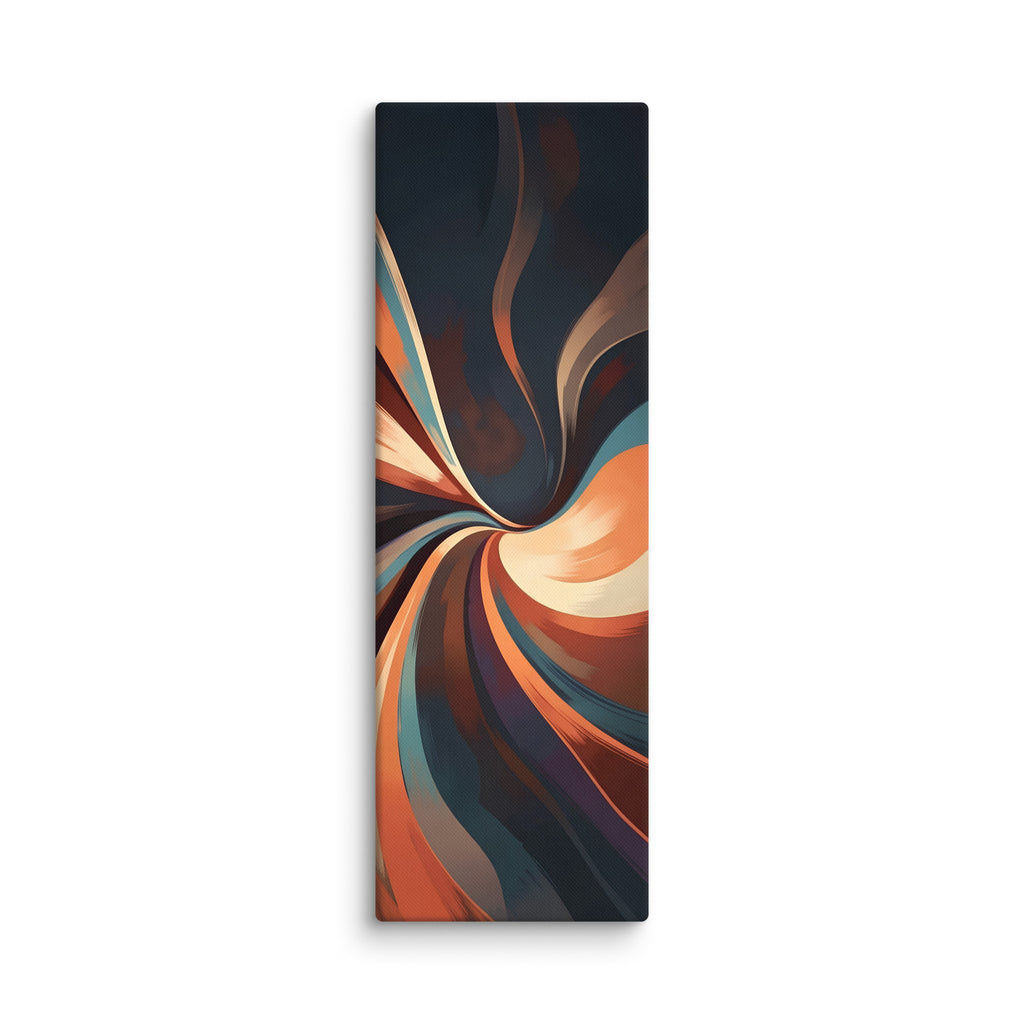 Stria Vortex tall vertical canvas artwork featuring a tightly wound vertical vortex of glowing amber, terracotta, and dark slate, shown on white.