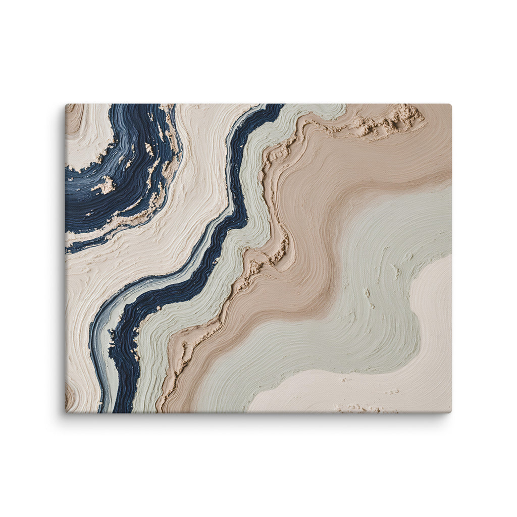 Striata canvas artwork with rhythmic bands of mineral color and sediment-like layers, shown on white.
