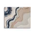 Striata canvas artwork with rhythmic bands of mineral color and sediment-like layers, shown on white.