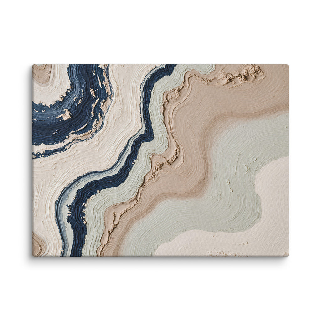 Striata canvas artwork with rhythmic bands of mineral color and sediment-like layers, shown on white.