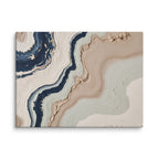 Striata canvas artwork with rhythmic bands of mineral color and sediment-like layers, shown on white.