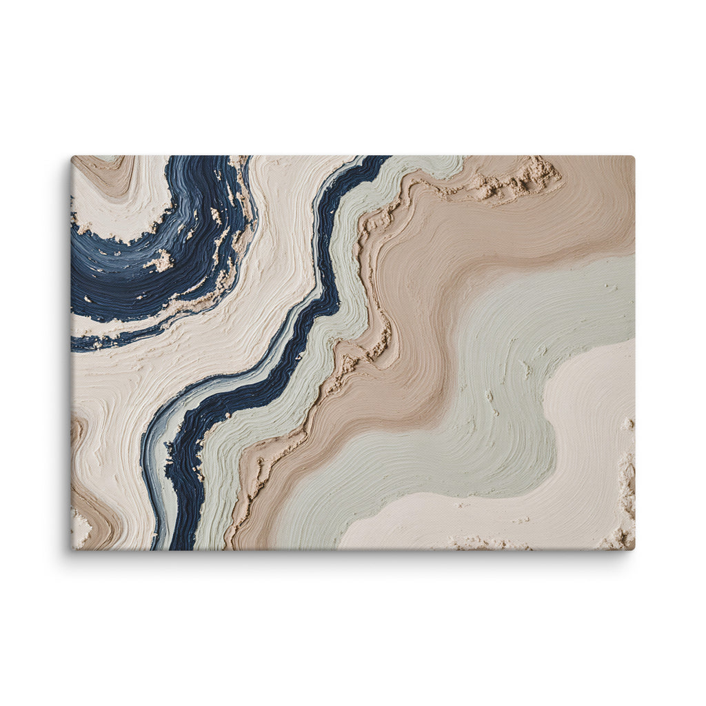 Striata canvas artwork with rhythmic bands of mineral color and sediment-like layers, shown on white.