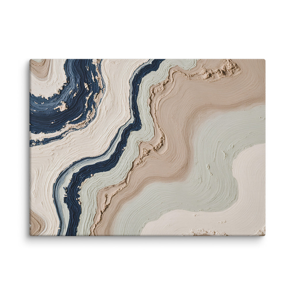 Striata canvas artwork with rhythmic bands of mineral color and sediment-like layers, shown on white.
