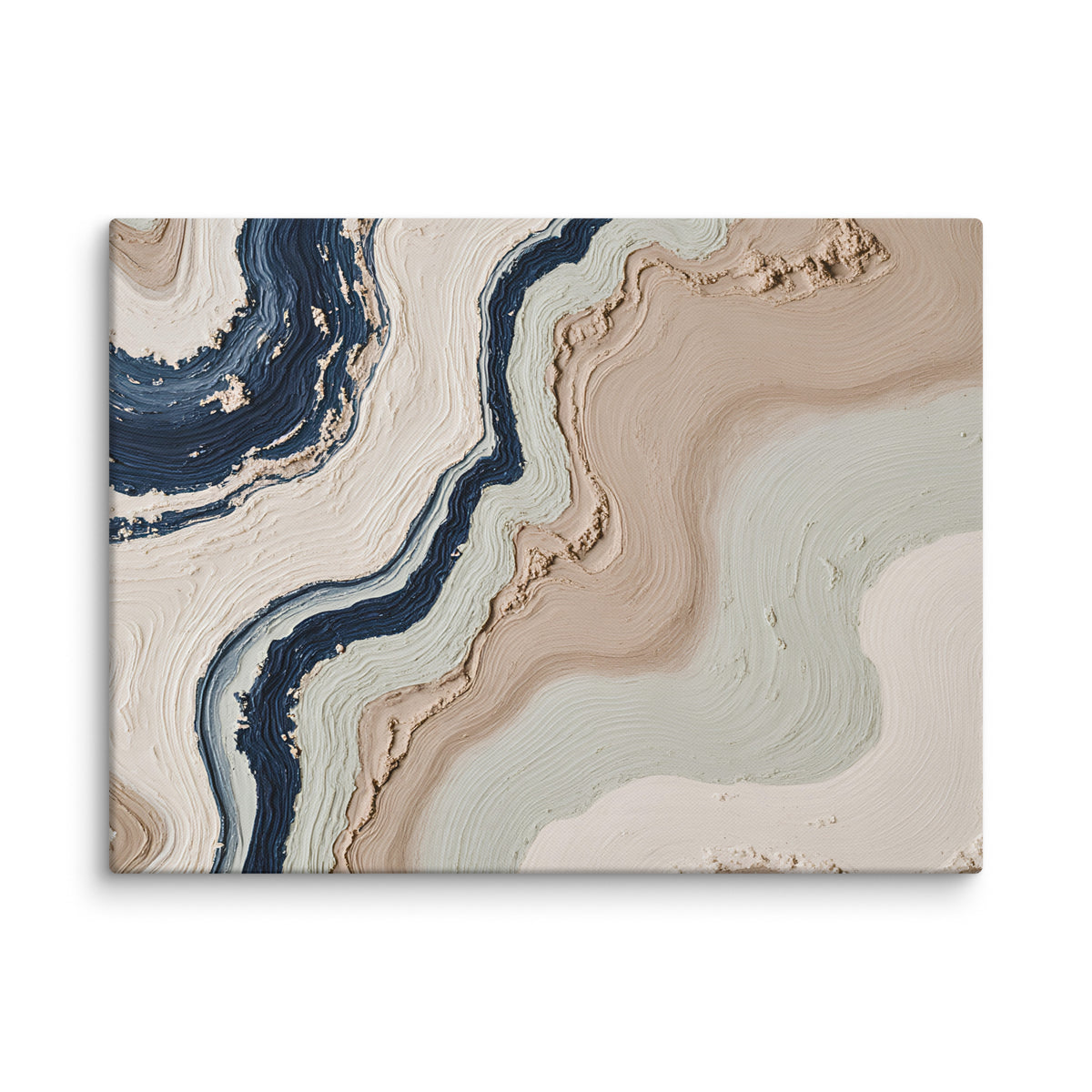 Striata canvas artwork with rhythmic bands of mineral color and sediment-like layers, shown on white.