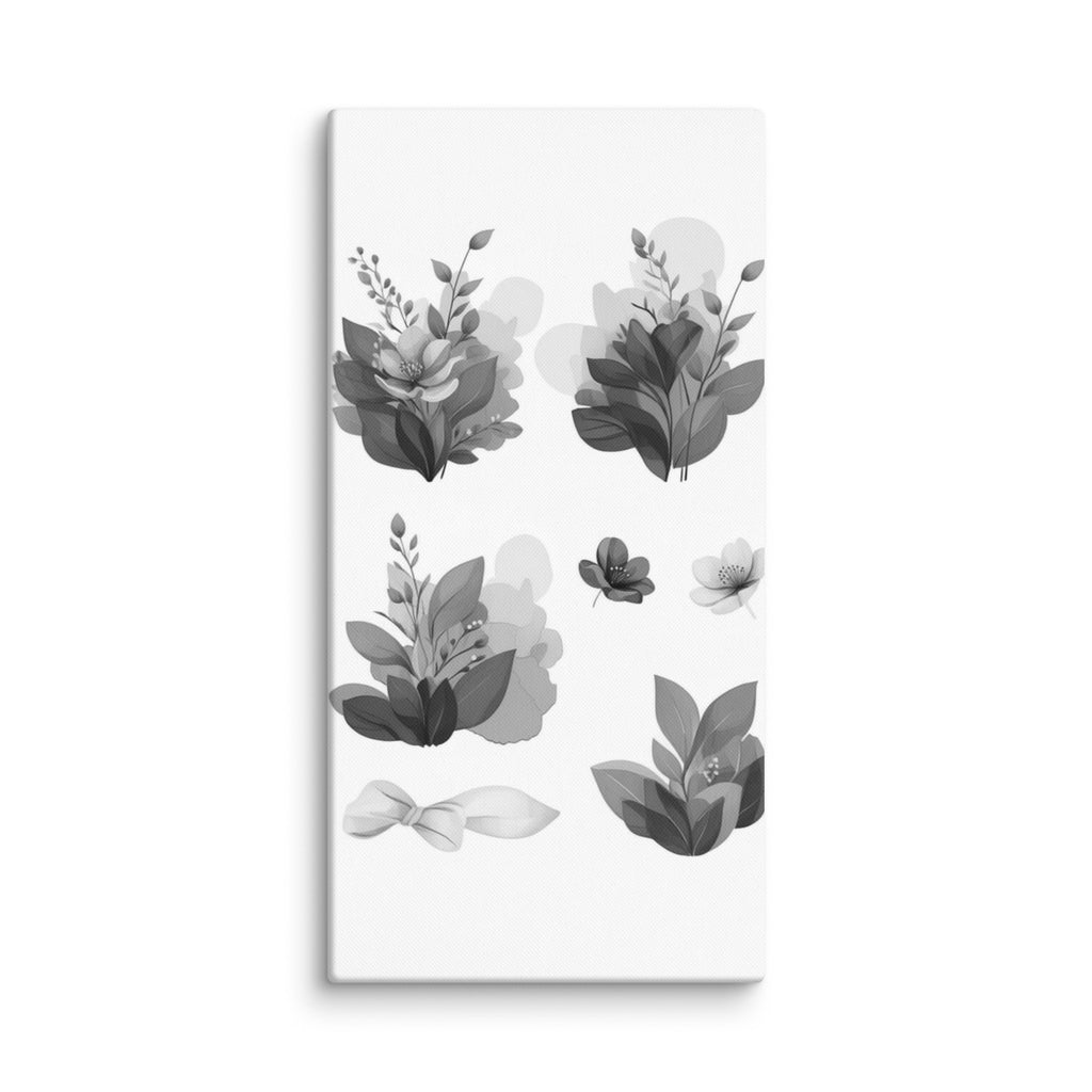 Aurore canvas black and white floral with product details shown in 24 x 48 inch statement piece