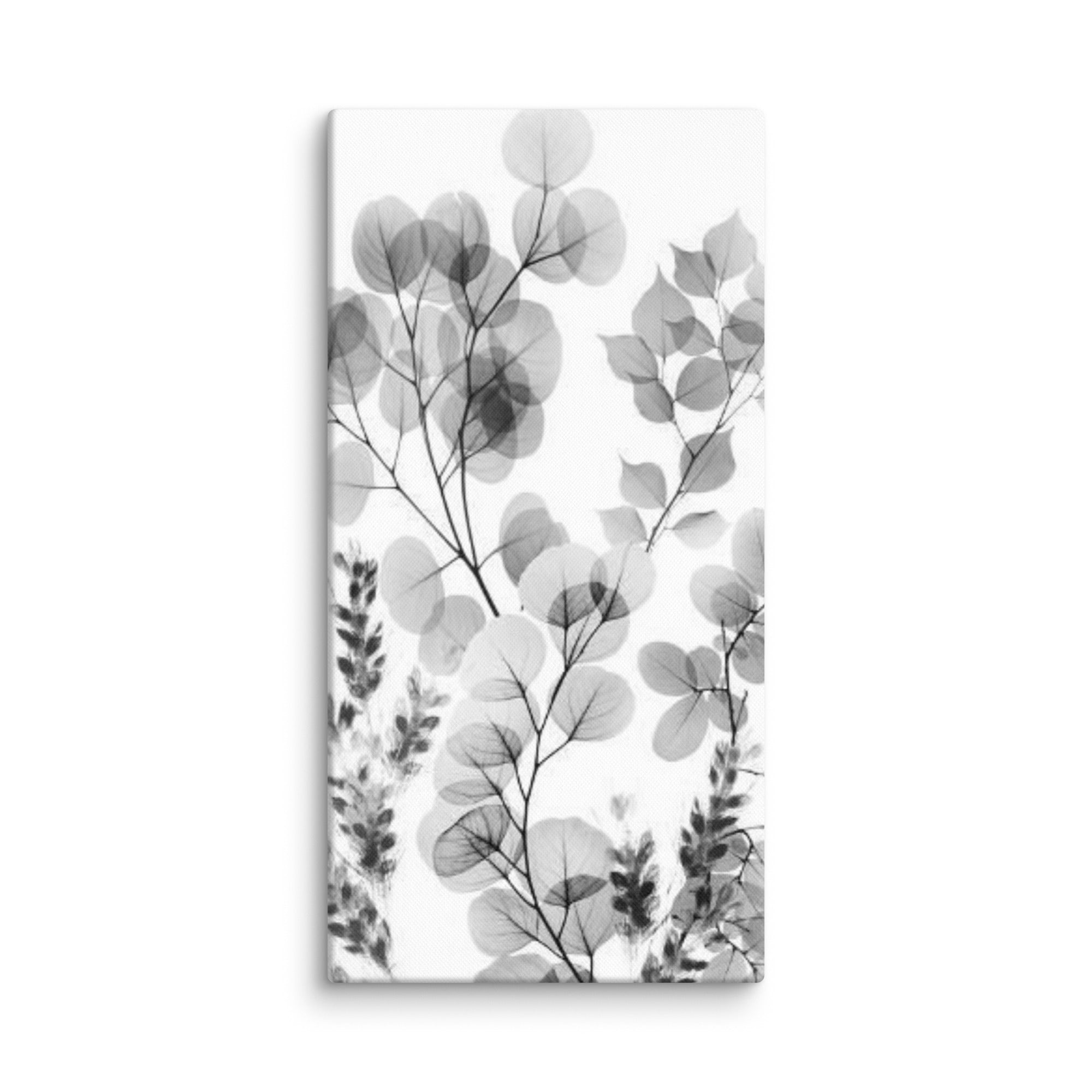 Fleur canvas black and white floral, wall display view in 30 x 60 inch statement piece