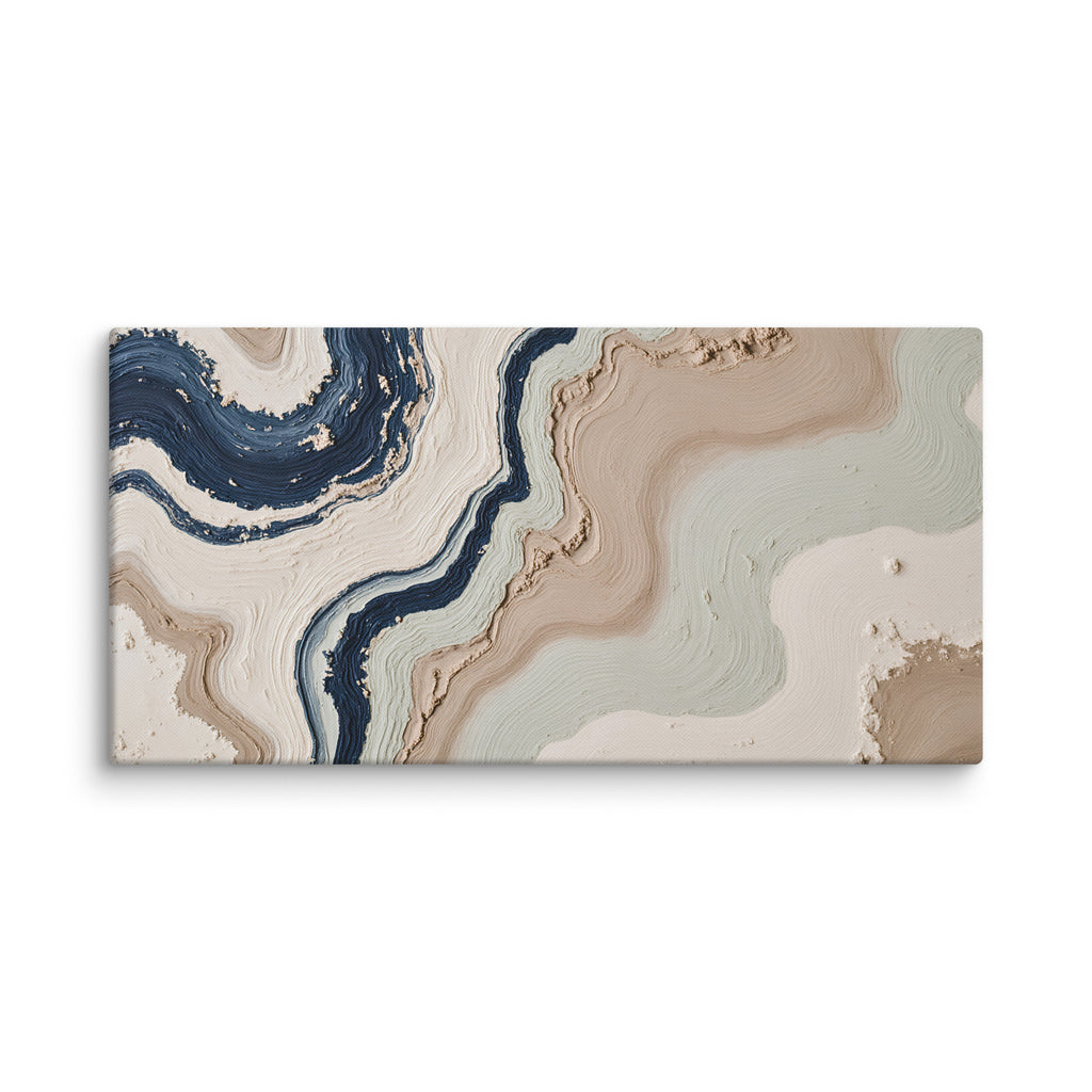Striata canvas artwork with rhythmic bands of mineral color and sediment-like layers, shown on white.