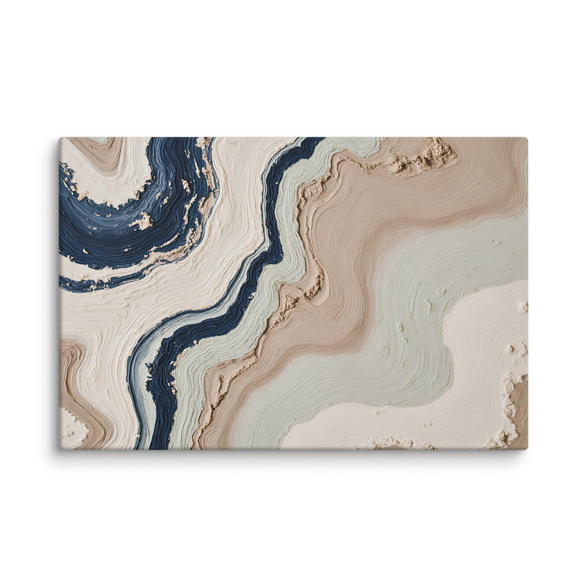 Striata canvas artwork with rhythmic bands of mineral color and sediment-like layers, shown on white.