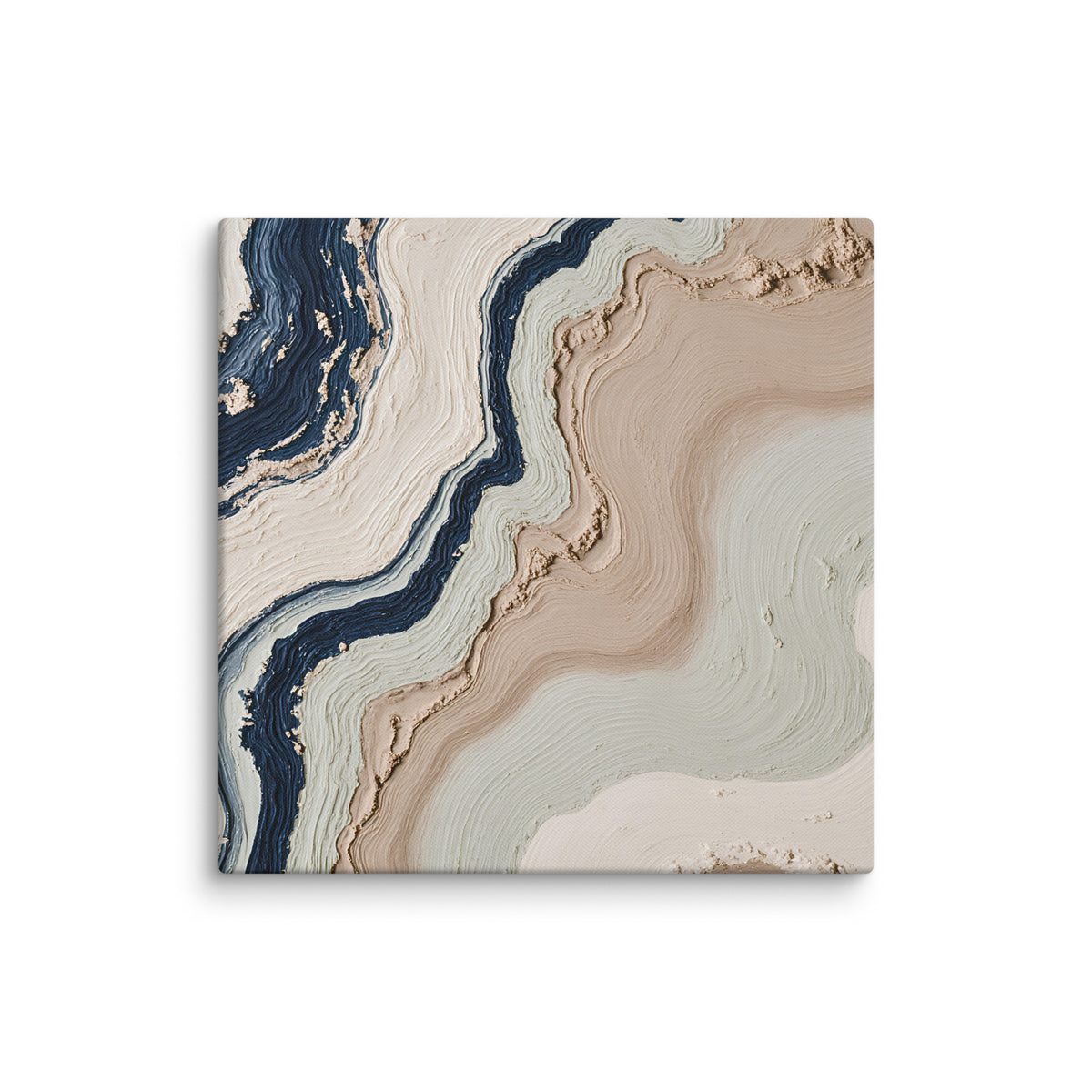 Striata canvas artwork with rhythmic bands of mineral color and sediment-like layers, shown on white.