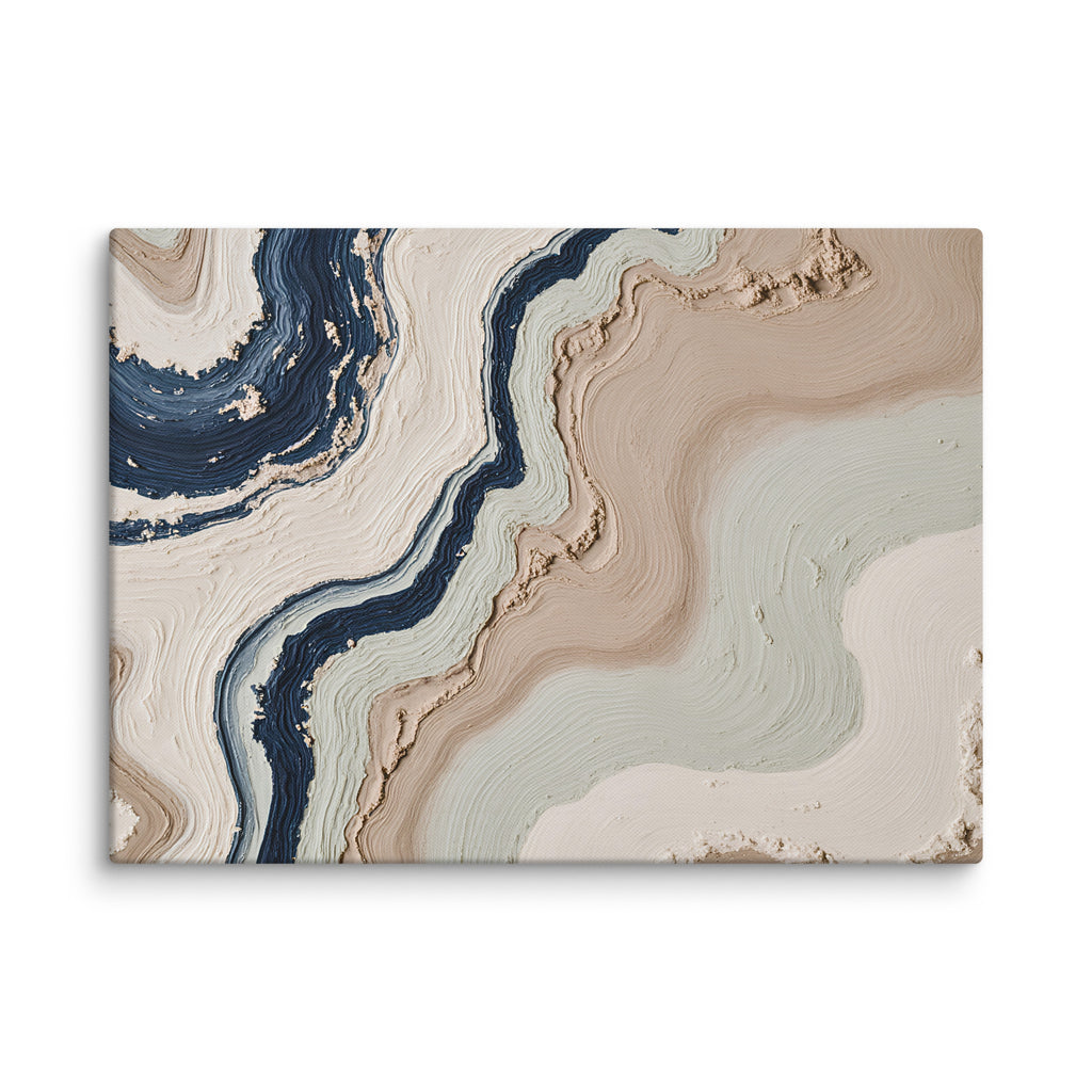 Striata canvas artwork with rhythmic bands of mineral color and sediment-like layers, shown on white.