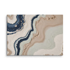 Striata canvas artwork with rhythmic bands of mineral color and sediment-like layers, shown on white.
